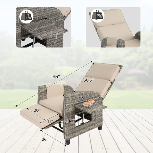 product-fancy-d4663159-14cd-4ad1-8746-a1444c36b3c8 Outdoor Patio Recliner Chair, Independent Adjustable Backrest Up To Lay Flat & Extended Footrest, Flip-Up Side Table, Removable Cushion, All-Weather Wicker, Aluminum Metal Frame For Porch Balcony Garden Poolside