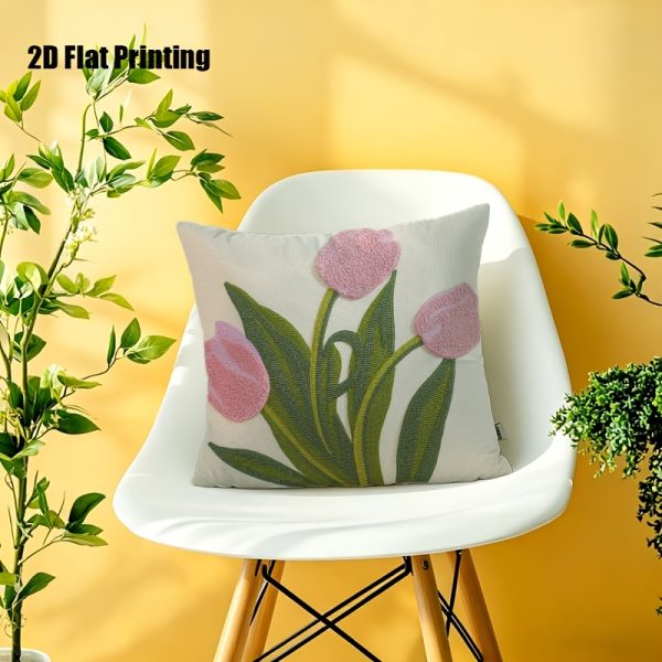 product-fancy-d4725531-dbbe-4b65-ab5a-aac1ac5b7a47 2D Flat,Terrace Cushion Cover,1pc 18X18 Inches Quare Pillow Cover, Embroidery Features Three Pink Tulips with Green Leaves and Stems.,Decoration, Gifts,Valentine Festival Gifts,Outdoor Indoor,Garden Decoration, 2D Flat