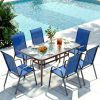 7pcs Outdoor Table And Chairs for 6, Outdoor Dining Set W/Rectangle Glass Table And 6 Patio Textilene Stackable Chairs, Patio Furniture Set W/Umbrella Hole, Umbrella Not Included