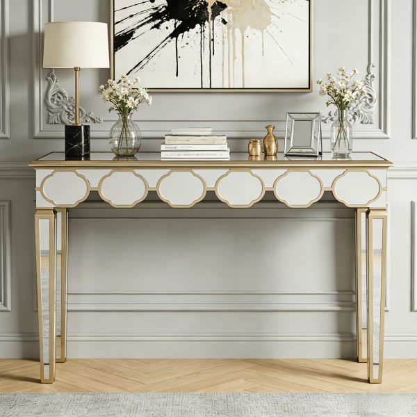 AESOME Luxury Elegant Mirrored Console Table 47.24 Rectangular Silver Mirrored Entryway Table Lantern-Shape Pattern Decor with Golden Rim Legs Sofa Side Tables Long Hallway Table for Foyer, Entrance, Offices Decor