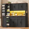product-fancy-d4ce03b9-2543-4d69-9df8-c80e93df3ef7 71 Inch Kitchen Pantry Cabinet with LED Lights And Charging Station, 59 Inch Wide Wooden Storage Cabinet with 2 Drawers, 8 Doors, 3-Tier Storage Cart, And 4 Door Shelves, Pantry Storage Cabinet with Microwave Stand for Dining Room, Black, White