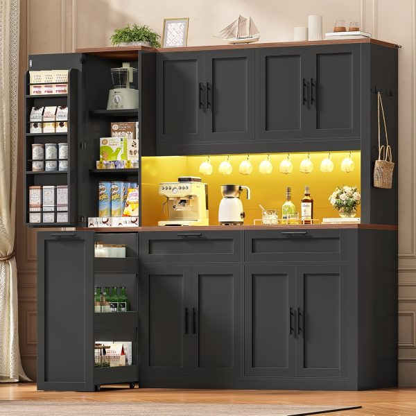 product-fancy-d4ce03b9-2543-4d69-9df8-c80e93df3ef7 71 Inch Kitchen Pantry Cabinet with LED Lights And Charging Station, 59 Inch Wide Wooden Storage Cabinet with 2 Drawers, 8 Doors, 3-Tier Storage Cart, And 4 Door Shelves, Pantry Storage Cabinet with Microwave Stand for Dining Room, Black, White