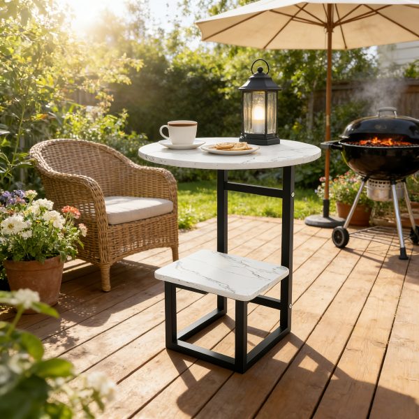 [Outdoor Round Side Table] Outdoor Round Side Table With Double-Layer Storage Shelf, MarbleTexture Imitation Stone Courtyard End Table, Sturdy Black Metal Frame, Weather-Resistant Side Table Is Suitable For Balcony Coffee Corner, Small Space Courtyard/Terrace/Balcony Furnitur