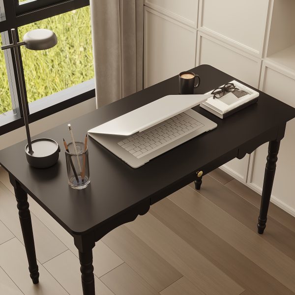product-fancy-d544bfda-1a67-475b-ba39-b45b6abed1a8 47.2'' Classic Rubberwood Writing Desk with Artistic Legs And Storage Drawer, Modern Computer Desk Workstation with Spacious Desktop, Timeless Design for Home And Office, Black