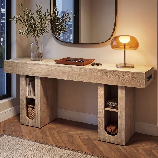 OMCHOM 70.9" Long Console Table with Storage Shelves, Modern Oval Entryway Table, Thick Heavy Duty Narrow Sofa Table with Storage, Accent Table for Behind Couch Living Room Hallway Foyer, Natural Wood