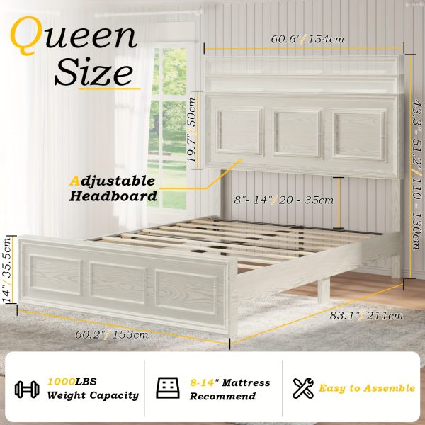 Brown and White Farmhouse Style Platform Bed Frame with Height Adjustable Headboard