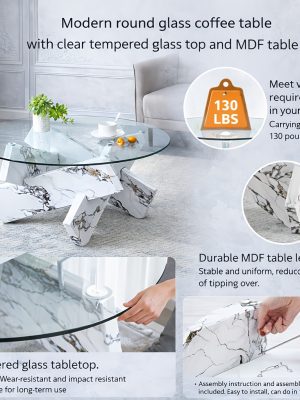 Modern Round Glass Coffee Table 33.4", Clear Tempered Glass Top with White Patterned MDF Legs, Stable Load Bearing 130 Lbs, Unique Contemporary Center Table for Living Room, Dining Room, Apartment, Easy Assembly In 10-15 Minutes.