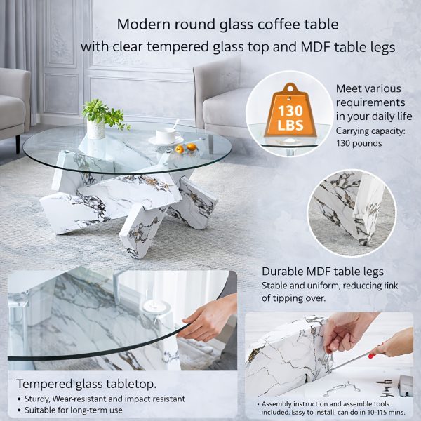 product-fancy-d6c6c4dc-b707-4fab-bcb6-832d6a6d9ad4 Modern Round Glass Coffee Table 33.4", Clear Tempered Glass Top with White Patterned MDF Legs, Stable Load Bearing 130 Lbs, Unique Contemporary Center Table for Living Room, Dining Room, Apartment, Easy Assembly In 10-15 Minutes.