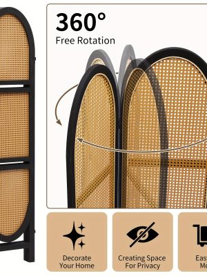 Four-Panel Wooden Room Divider, Collapsible with a Hand-Woven Rattan Privacy Screen - Room Partitions Featuring Three Display Shelves, Ideal for Home, Office, Study, Or Art Exhibitions