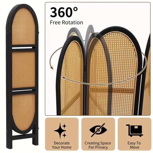 product-fancy-d70607b4-41a5-4f7e-a27a-c951a671f603 Four-Panel Wooden Room Divider, Collapsible with a Hand-Woven Rattan Privacy Screen - Room Partitions Featuring Three Display Shelves, Ideal for Home, Office, Study, Or Art Exhibitions