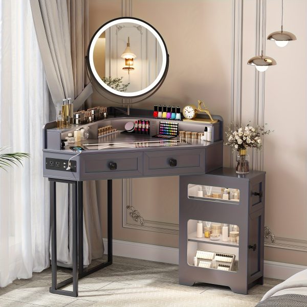 product-fancy-d70aa3be-9ab7-4f03-ba6d-fc306819019c Dystler Corner Vanity With Mirror And Lights, Modern Makeup Vanity Set With Charging Station For Bedroom/Cloakroom, Glass Top Vanity Table With Drawers And Shelves, White