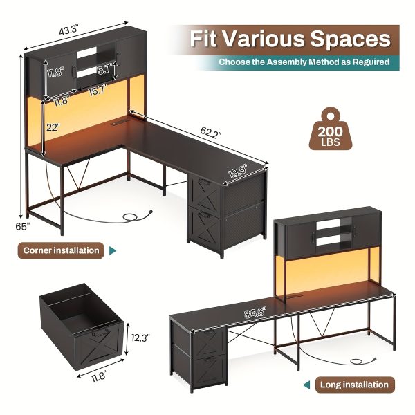 product-fancy-d72647c3-6f67-43b3-8133-916351d76d53 L-shaped Desk with Drawers, 62.2-inch Home Office Desk Featuring Fabric File Drawers and Power Outlets, L-shaped Desk with Storage Cabinet, Storage Shelf, LED Light