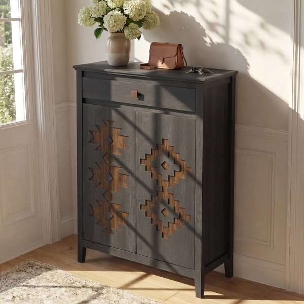 A Five-Level Shoe Storage Unit Featuring Drawers, Crafted from Wood with Adjustable Shelves, a Standalone Walnut Shoe Organizer, Perfect for Entryways, Hallways, And Walk-In Closets