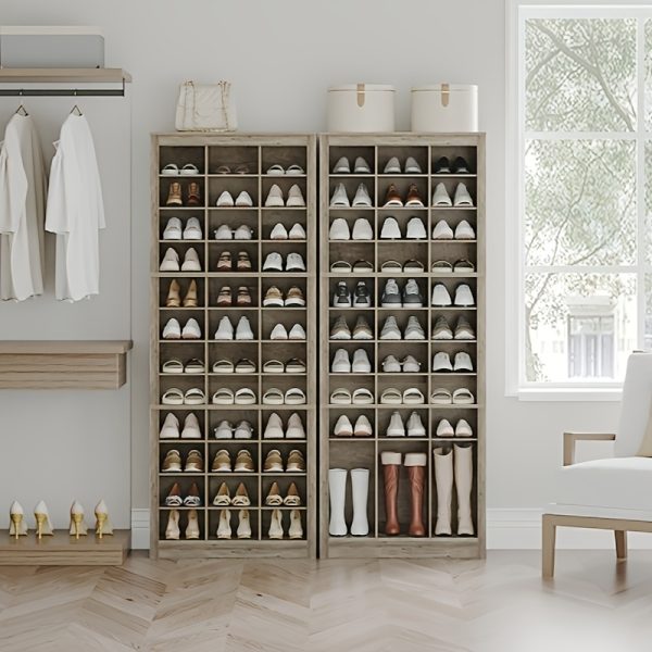 product-fancy-d798acd2-f614-45bc-aef9-757863795502 Shoe Storage Unit, Accommodates 36 Pairs, Freestanding Closet Organizer, 8.8-Inch Wide Wooden Shoe Organizer, 12-Tier Vertical Shoe Rack for Entryway And Bedroom, in White And Greige