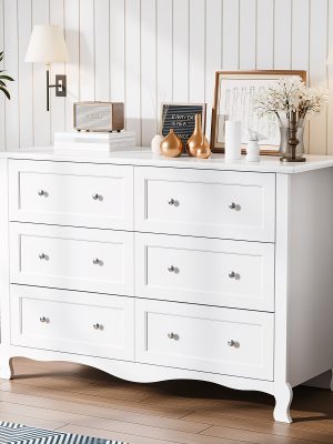 Bonnlo Wood Dresser Chest Of Drawers, Clothes Storage Dressers with Curved Legs And 6 Drawer for Bedroom