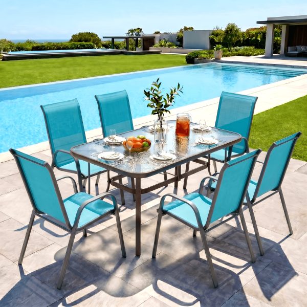 product-fancy-d84a482c-24ba-4e6a-acae-1475efcb341e 7pcs Outdoor Dining Table and Chairs for 6 People - Textilene Stackable Patio Furniture with Glass Table & Umbrella Hole Base Suitable for Deck, Poolside,, Backyard - Umbrella Not Included