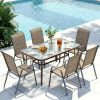 7pcs Outdoor Table And Chairs for 6, Outdoor Dining Set W/Rectangle Glass Table And 6 Patio Textilene Stackable Chairs, Patio Furniture Set W/Umbrella Hole, Umbrella Not Included