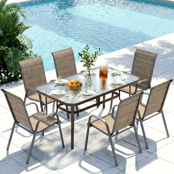 7pcs Outdoor Table And Chairs for 6, Outdoor Dining Set W/Rectangle Glass Table And 6 Patio Textilene Stackable Chairs, Patio Furniture Set W/Umbrella Hole, Umbrella Not Included