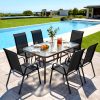product-fancy-d88a4a58-5a9f-4bbd-bd35-6b6516910a63-1 7pcs Outdoor Dining Table and Chairs for 6 People - Textilene Stackable Patio Furniture with Glass Table & Umbrella Hole Base Suitable for Deck, Poolside,, Backyard - Umbrella Not Included