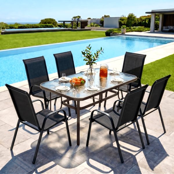 product-fancy-d88a4a58-5a9f-4bbd-bd35-6b6516910a63-1 7pcs Outdoor Dining Table and Chairs for 6 People - Textilene Stackable Patio Furniture with Glass Table & Umbrella Hole Base Suitable for Deck, Poolside,, Backyard - Umbrella Not Included