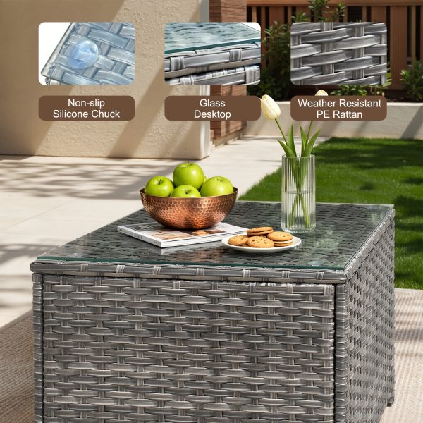 [Outdoor Coffee Table] 24" Square Outdoor Coffee Table Suitable for Backyard, Balcony & Deck - Handwoven PE Wicker Frame with Tempered Glass Top, All-Weather Bistro Table, Glass for Patio Furniture, Compact for Small Spaces, Garden Entertaining