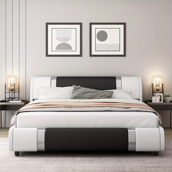 Contemporary Platform Bed Frame Made of Faux Leather, Featuring Iron Metal Accents, an Adjustable Headboard, And Wooden Slats for Support, Eliminating The Need for a Box Spring