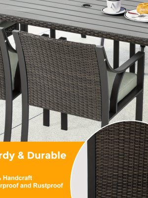 Patio 7pcs Patio Dining Set, All Weather PE Rattan Dining Table Set, Outdoor Dining Sets for 6, Metal Dining Table with Umbrella Hole & 6 Cushioned Chairs for Patio, Yard, Porch