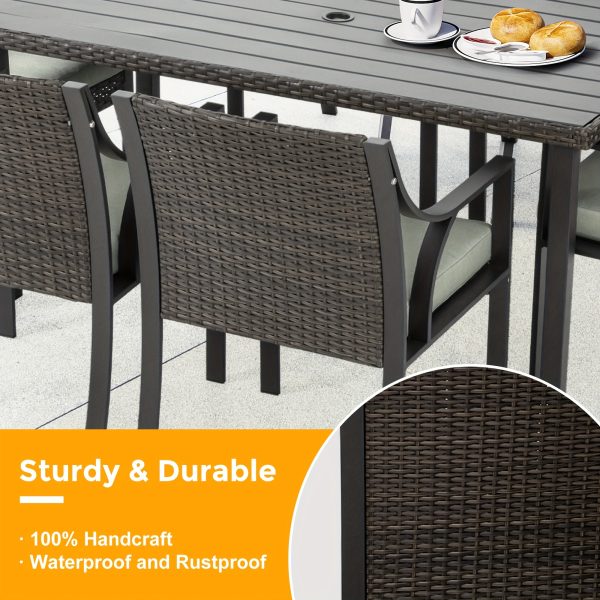 Patio 7pcs Patio Dining Set, All Weather PE Rattan Dining Table Set, Outdoor Dining Sets for 6, Metal Dining Table with Umbrella Hole & 6 Cushioned Chairs for Patio, Yard, Porch