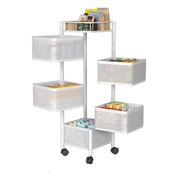 product-fancy-d94f8422-e769-4034-95a1-e0ffa1a93838 Rotating Kitchen Storage Shelf 5 Tier, Metal Fruit Vegetable Storage Basket Multi-Layer Vegetable Rack Storage Trolley on Wheels, Floor-Standing Basket for Kitchen Bathroom, Square