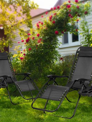 Set Of 2 Adjustable Relaxing Chairs, Zero Gravity Recliners With Cup Holder, For Patio, Lawn, Garden, And Beach