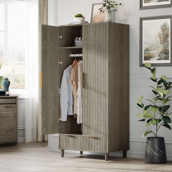 product-fancy-d9703cff-1fa0-4cd0-93ce-f82d75c0b246 Bonnlo Fluted Wardrobe Armoire - Freestanding Wood & MDF Cabinet with Hanging Rack, Shelves & Drawers, Pre-Assembled Bedroom Closet Suitable for Apartments, Dorms, Small Spaces