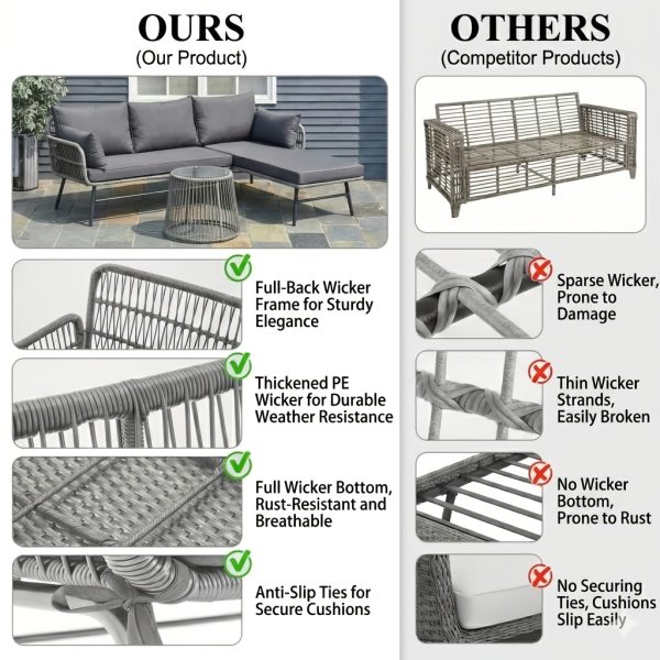 Bezseller 3pcs Outdoor Patio Rattan Furniture Set, L-Shaped Conversation Set with Coffee Table for Backyard, Balcony, Garden, Porch, Patio