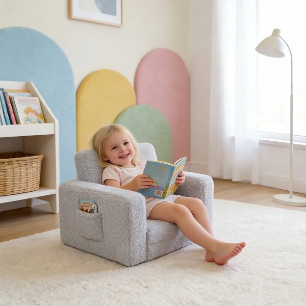 product-fancy-d97df87a-3291-4c96-b3bc-c6c1c6cf840f Kids Sofa 2-in-1 Convertible to Recliner Chair - Soft Plush Gray/Pink/White Youngsters Lounge Chair with Storage Pocket, Cozy Folding Playroom Furniture for Boys And Girls, Youngsters Playroom Furniture Pocketed Armrests | Velvet Upholstery, Chair