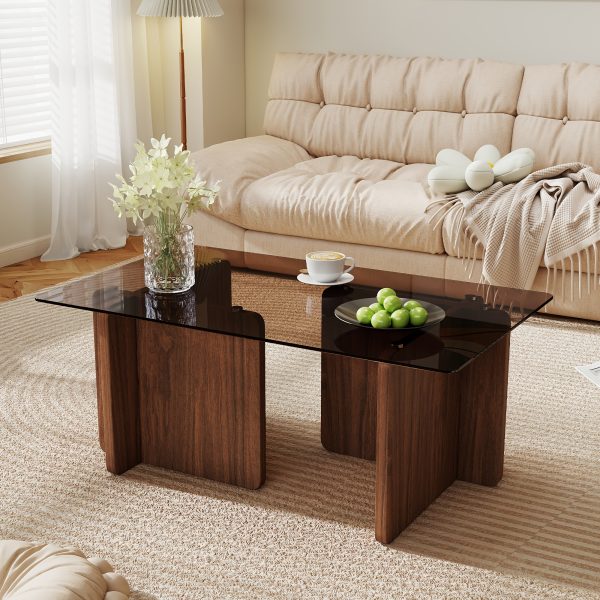 product-fancy-d991131f-305a-486a-b6e1-1f0e7210de08 39.4" Coffee Table Glass, Modern Minimalism Rectangle Center Table, Glass Top with Sturdy Wooden Base, Small Glass Wood Coffee Table for Home, Living Room, Apartment, Office, Easy Assembly