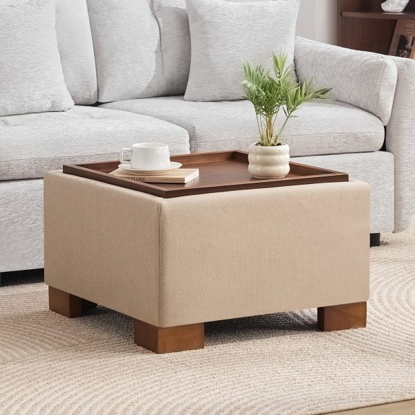 product-fancy-d9f0a91b-90f7-40ef-84eb-86a45028150a 24" Square Ottoman Coffee Table With Storage, Fabric Ottomans With Tray And Solid Wood Legs For Living Room, Bedroom And Apartments, Small Modern Ottoman Tea Table With Lift-Off Lid
