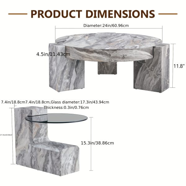 product-fancy-da6a5bec-285c-435b-98b6-9ab0de80d344 MUUOKY Modern Round Nesting Coffee Table with Faux Marble Top & Glass Side Table - 24” Center Table Suitable for Living Room, 2-Tier Space-Saving, Easy Assembly, Luxury Apartment Furniture, Engineered Wood Base for Small Homes