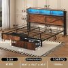 product-fancy-da89495e-dba2-4f2c-a3d8-502ff54cbe2e Farmhouse Bed Frame with Storage Headboard and Drawers, LED Light and Charging Outlet, Noise Free, No Box Spring Needed