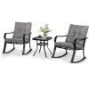 [Outdoor Rocking Chairs] 3pcs Outdoor Rocking Chairs Bistro Set, Black Iron Patio Furniture With Red Thickened Cushion & Glass-Top Coffee Table