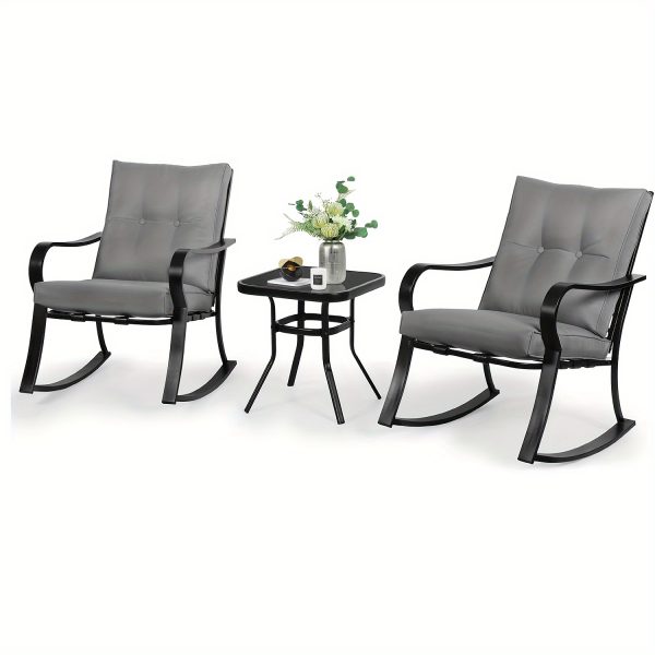 [Outdoor Rocking Chairs] 3pcs Outdoor Rocking Chairs Bistro Set, Black Iron Patio Furniture With Red Thickened Cushion & Glass-Top Coffee Table