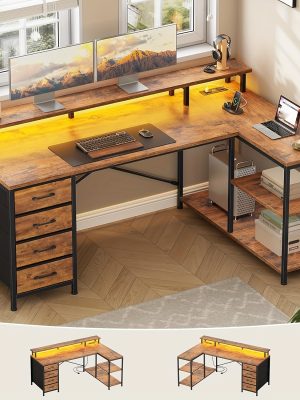L-Shaped Workstation Featuring Four Drawers, Storage Shelves, And LED Lighting, Suitable for a Home Office