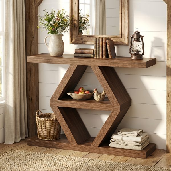product-fancy-dadcd7e2-1371-46bb-8305-4013ab6416b6 3 Tier Farmhouse Console Table for Entryway, Wooden Sofa Table Behind Couch with Storage Shelves, 39.4 Inch Narrow Rectangular Hallway Table, Rustic Foyer Table for Living Room Decor, Walnut End