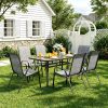 product-fancy-db05498f-2cf4-4791-be7c-2b2b32e5cb73 7pcs Outdoor Dining Table and Chairs for 6 People - Textilene Stackable Patio Furniture with Glass Table & Umbrella Hole Base Suitable for Deck, Poolside,, Backyard - Umbrella Not Included