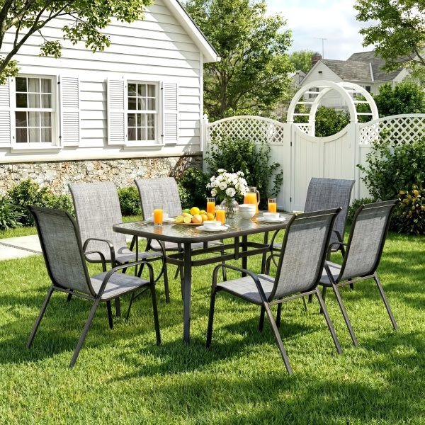 product-fancy-db05498f-2cf4-4791-be7c-2b2b32e5cb73 7pcs Outdoor Dining Table and Chairs for 6 People - Textilene Stackable Patio Furniture with Glass Table & Umbrella Hole Base Suitable for Deck, Poolside,, Backyard - Umbrella Not Included