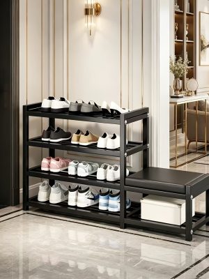 Shoe Storage Bench, 4-Tier Large Capacity Shoe Rack with Comfortable Seat, Industrial Shoe Organizer for Entryway, Black Metal Shoe Shelf Bench for Home Organization
