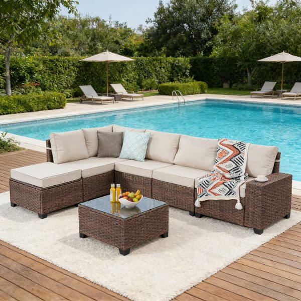 product-fancy-db1e2d1d-e1a3-4c7f-8f07-ea633df0a1a4 RAISED Patio Furniture Set, 2piece/3piece/4piece/6piece Wicker Outdoor Patio Furniture Sets with Cushions And Coffee Table, Outdoor Sectional Boho Patio Conversation Set Sectional Sofa for Backyard, Porch, Beige/Blue