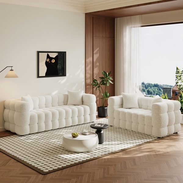 Modern Oversized 59.2" 2-Seater/80.3" 3-Seater Boucle Sofa Couch with 2 Pillows, Comfy Upholstered Sherpa Sofa, Tufted Cozy Deep Seat Cloud Couch for Living Room Apartment Office