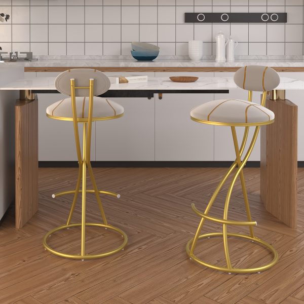 product-fancy-db28a78c-1387-4727-948b-93d7ee9cce7d Pair of Contemporary Velvet Bar Stools with Counter Height, Featuring a Golden Metal Frame And S-Shaped Stripe Backrest, Upholstered Round Chairs Inspired by Basketball And Soccer, Complete with Footrest for Dining Areas, Kitchens, And Bars