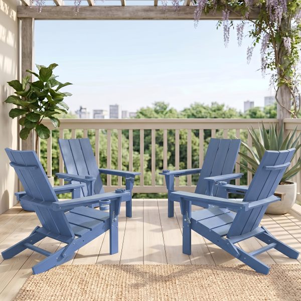 [Durable Outdoor Patio] Leasable 4pcs Folding Adirondack Chair Durable Oversized Ergonomic Plastic Outdoor Patio Furniture With Built-In Phone Holder And Cup Holder, Weather Resistant Fire Pit Chair For Patio Backyard, Deck