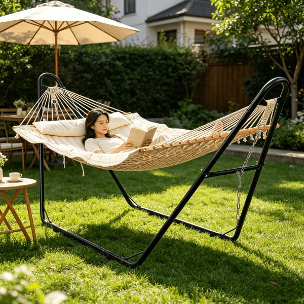 [Outdoor Camping] BABABA Heavy-Duty Iron Hammock with Stand - Large Outdoor Hanging Bed, 315x104x128cm Gray Bed Frame & Black Poles, 440lb Weight Capacity, Double-Layer Quilted Canvas Suitable for,, Balcony, Camping