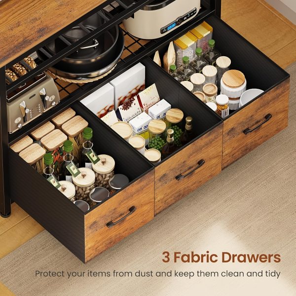 [Baker's Rack Outlet] Baker's Rack with Power Outlet, 6-Tier Microwave Rack with 3 Drawers, Wine Rack, LED Light And 10 Hooks, Kitchen Baker's Rack, Coffee Bar with Storage, Rustic Brown/Black/White